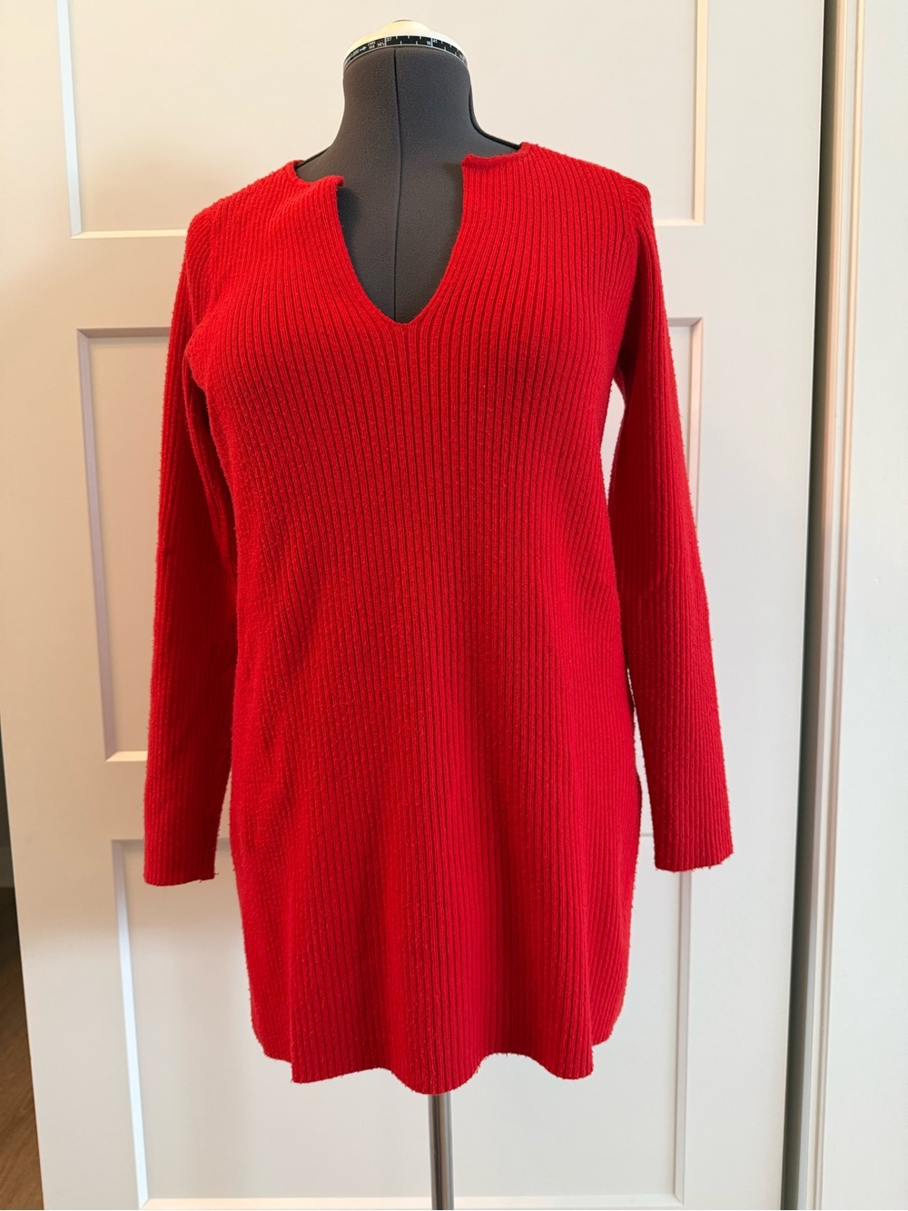 Anthropologie Red Ribbed V-Neck Tunic Sweater